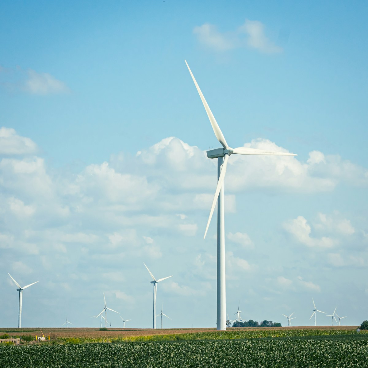 a wind farm with several windmills in the background